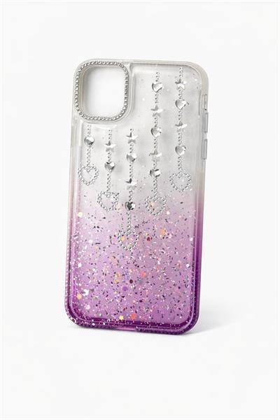 İphone 14 Uyumlu Şeffaf ve Mor Geçişli Kalp-Yıldız Taşlı Kılıf