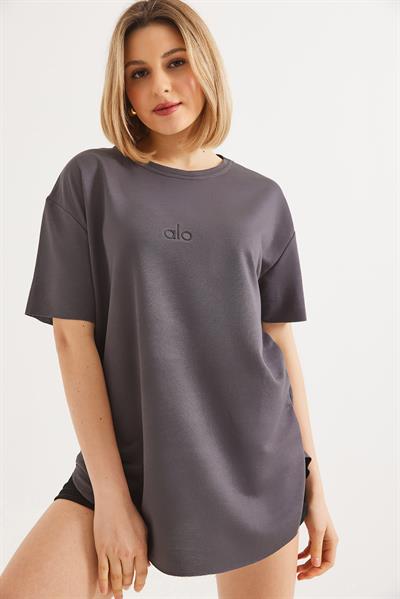 Eteği Oval Kesim Bisiklet Yaka Tshirt Füme