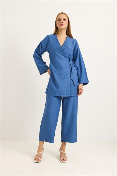 Yandan Bağlamalı Kimono Pantolon İkili Takım Mavi