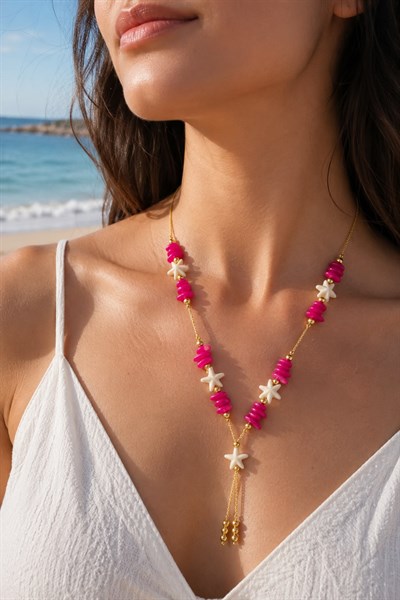 Figürlü Gold Boncuklu Kolye Pembe