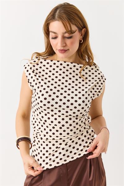 Kadın Omuz Ve Beli Büzgülü Puantiyeli Bluz Beyaz