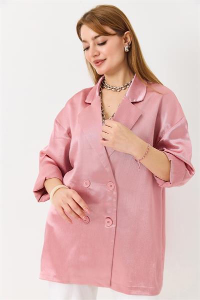 Kadın  Kruvaze Yaka Saten Oversize Blazer Ceket Pembe