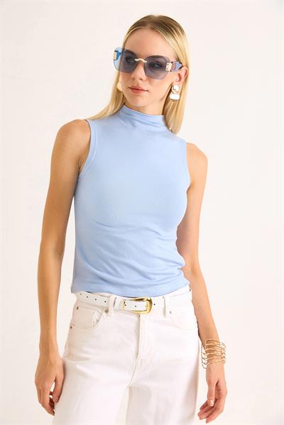 Kadın Dik Yaka Kolsuz Bluz Mavi