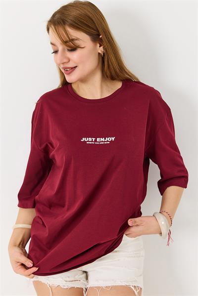 Kadın Yazı Baskılı Bisiklet Yaka Tshirt Bordo