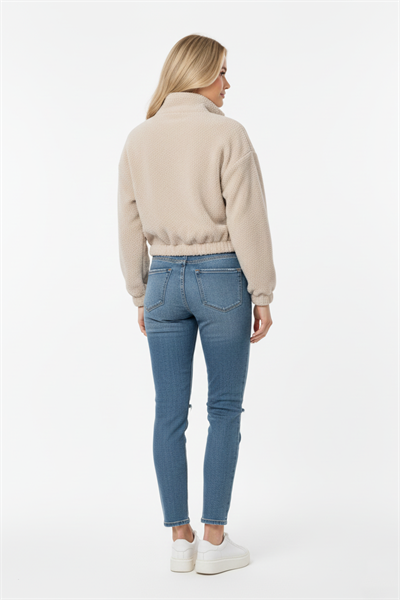 Kadın Yarım Fermuarlı Altı Büzgülü Bej Sweatshirt