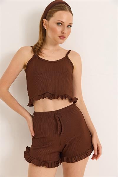 Askılı Fırfırlı Şortlu Takım Kahverengi
