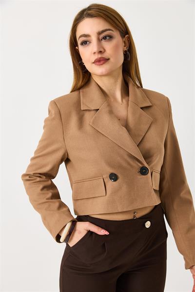 Kadın Kruvaze Crop Ceket Kahverengi
