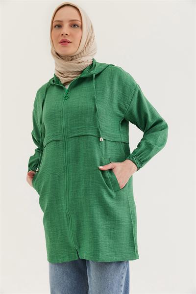Araboy Kapşonlu Keten Kap Yeşil