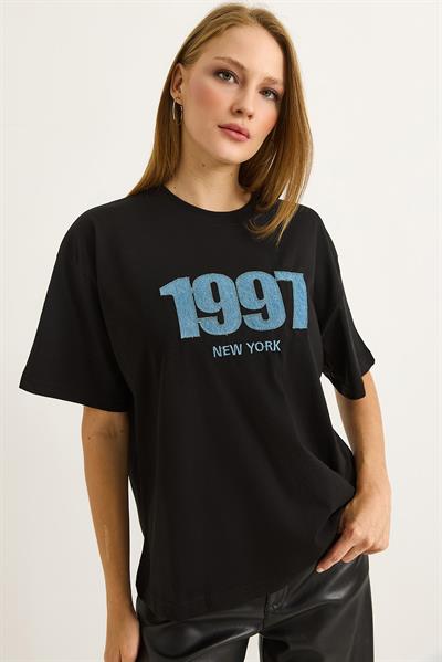 Baskılı Oversize Bisiklet Yaka Tshirt Siyah