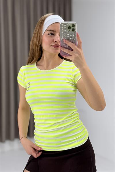 Neon Çizgili Yanı Büzgülü Baskılı Tshirt Yeşil
