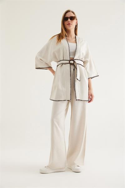 Dikiş Detaylı Kimono Pantolon İkili Takım Krem