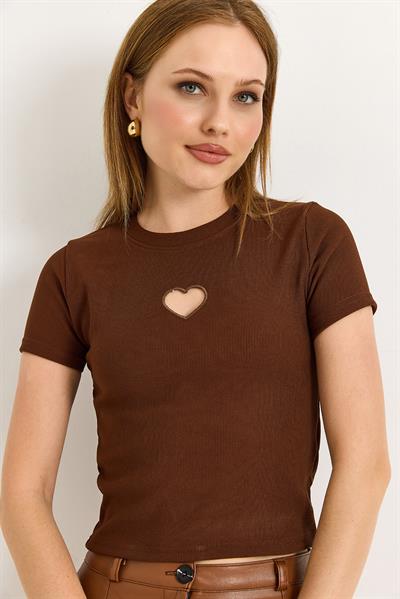 Kalp Detaylı Fitilli Örme Bluz Kahverengi