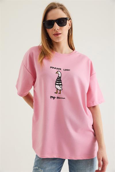 Bisiklet Yaka Oversize Baskılı Tshirt Pembe