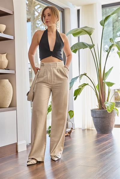 Çırt Kapamalı Bol Paça Keten Pantolon Bej