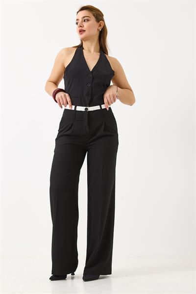 Kadın Yüksek Bel Cepli Bol Paça Pileli Palazzo Kumaş Pantolon Siyah