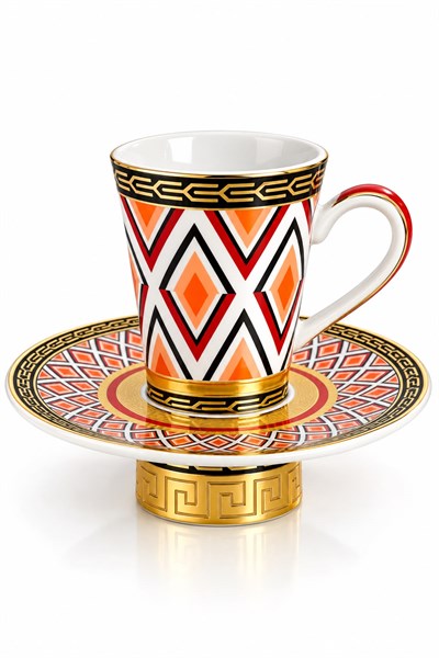 6lı Geometrik Desenli Tabağı İçe Geçmeli Fincan Takımı Turunuc