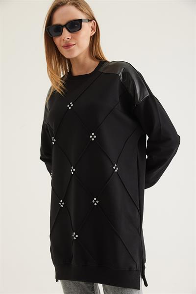 Deri Garnilli Taşlı İki İp Tunik Siyah