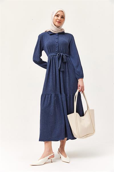 Yarım Düğmeli Beli Kuşaklı Elbise Lacivert
