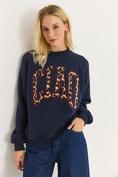 Kadın Üç İplik Leopar Baskılı Sweatshirt Lacivert