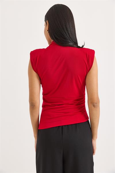 Kruvaze Yaka Vatkalı Sıfır Kol Bluz Kırmızı