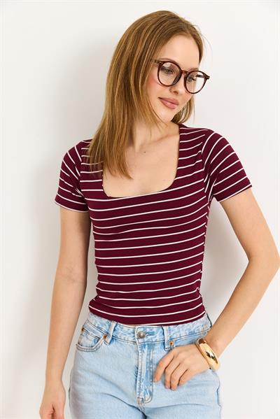 Kare Yaka Likralı Pamuk Bluz Bordo