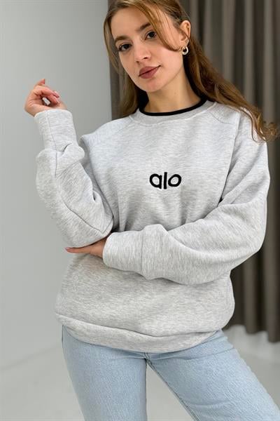 Kadın Yakası Garnili Bol Kesim Sweatshirt GRİ