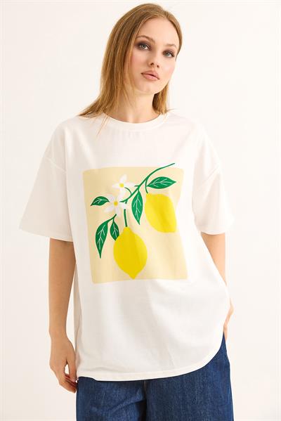 Limon Baskılı Rahat Kalıp Tshirt Beyaz
