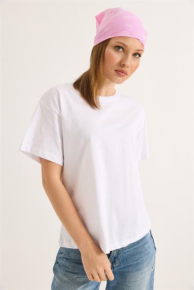 Bisiklet Yaka Kısa Kollu Fit Tshirt Beyaz