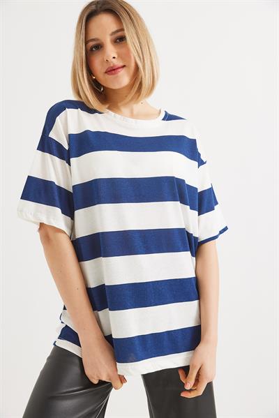 Bisiklet Yaka  Çizgili Basic Tshirt Lacivert