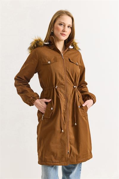 Kadın Taba Uzun  Boy Gabardin Kumaş İçi Yün Mont