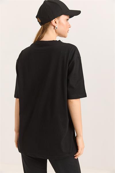 Baskı Nakış Detaylı Pamuk Süprem Rahat Kalıp Siyah Tshirt