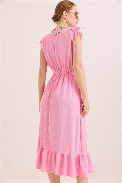 Dokulu Örme Kumaş Omuz Detaylı Beli lastikli Elbise Pembe