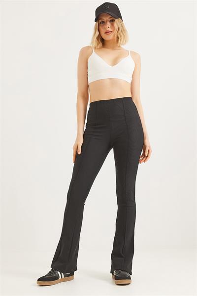 Yüksek Bel Çımalı Fitilli Pantolon Siyah