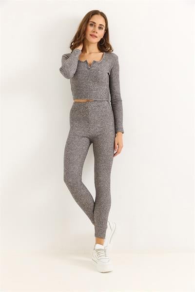 Kadın Esnek Tayt Crop Takım Gri