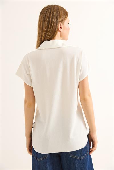 Polo Yaka Oval Kesin Kadın Tshirt Beyaz