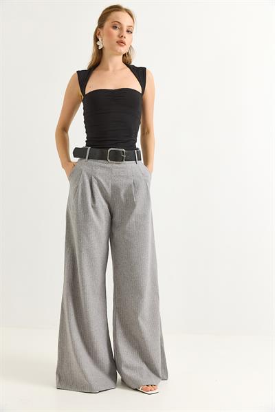 Keten Karışımlı Palazzo Pantolon Gri