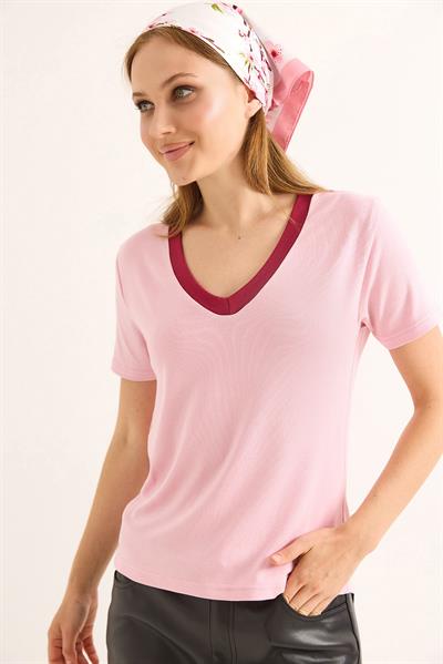 V Yaka  Kısa Kollu Kadın Kısa Tshirt Pembe
