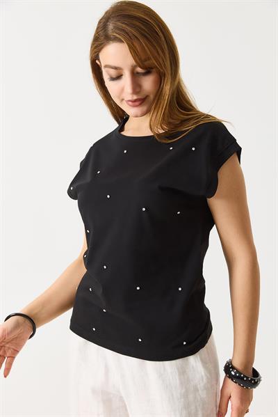 Kadın Taş Detaylı Şık Tshirt Siyah