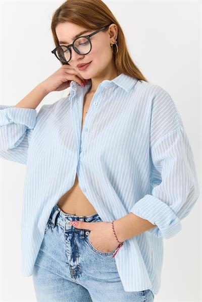 Kadın Uzun Kollu Oversize Gömlek Açık Mavi