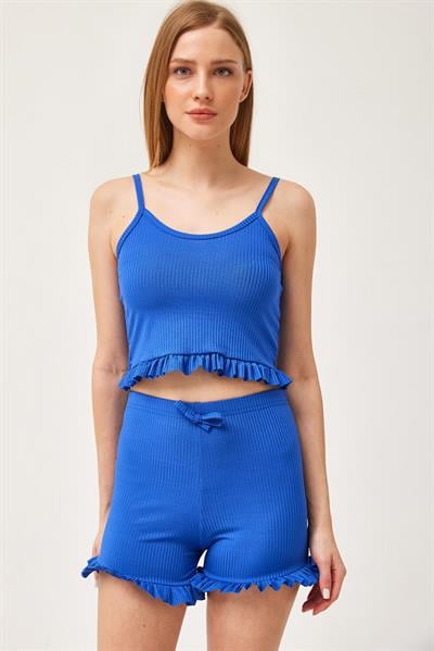 Askılı Fırfırlı Şortlu Takım Mavi