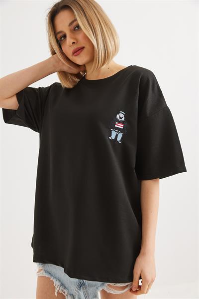 Nakışlı Bisiklet Yaka Tshirt Siyah