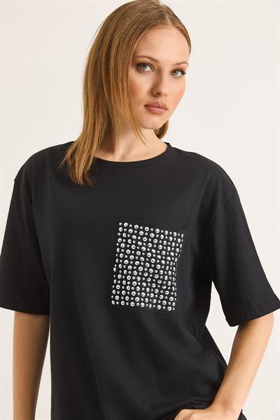 Bisiklet Yaka Taş Detaylı Cepli Tshirt Siyah