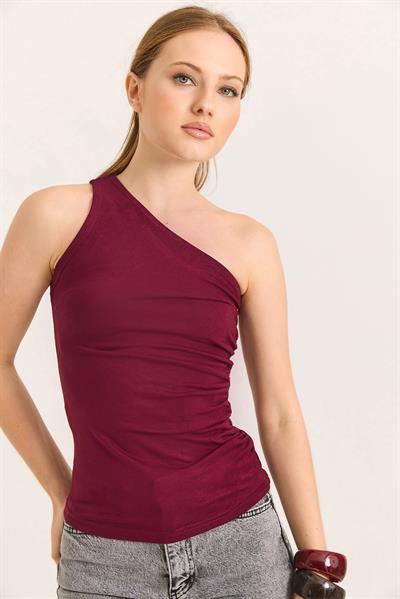 Tek Omuz Esnek Kumaş Bluz Bordo