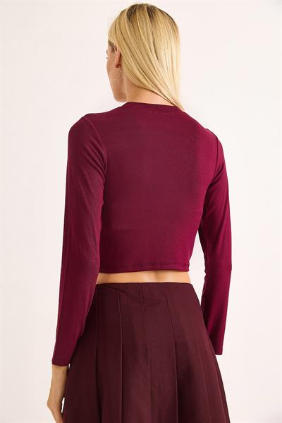 Kadın Kurdeleli Uzun Kollu Crop Bluz Bordo