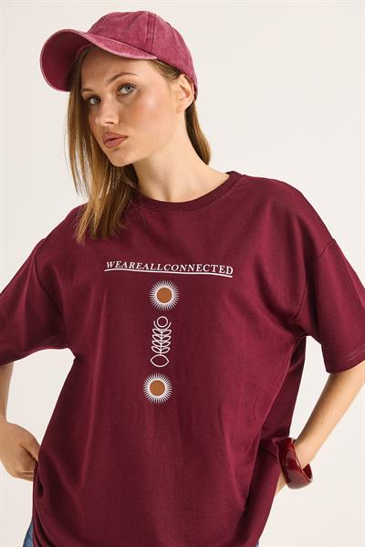 Bisiklet Yaka Kısa Kol Baskılı Tshirt Bordo