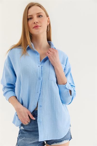 Uzun Kollu Oversize Gömlek Mavi
