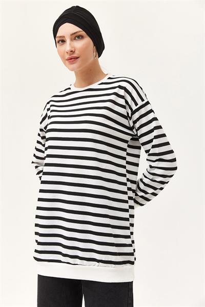Çizgili Oversize Tunik Siyah