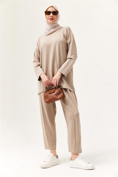 Rahat Kesim Bisiklet Yaka İkili Takım Bej