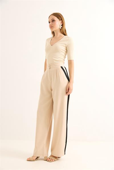 Yanları Şeritli Yüksel Bel Palazzo Pantolon Bej