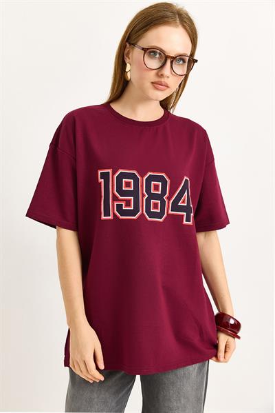 1984 Baskılı Oversize Tshirt Bordo
